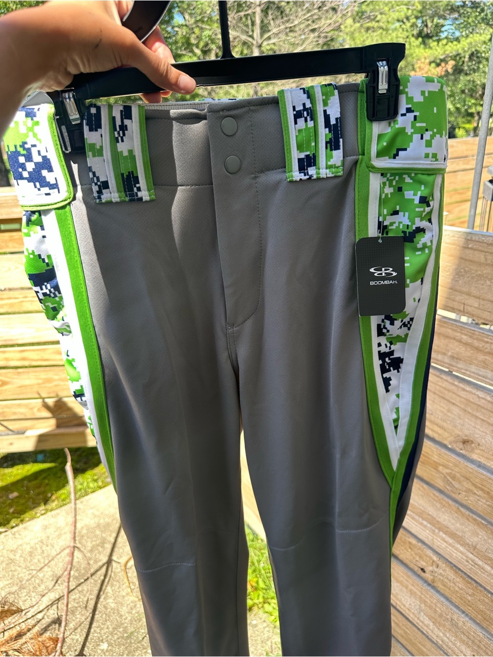 Men's Gray Cargo Pants with Green Digital Camo Trim